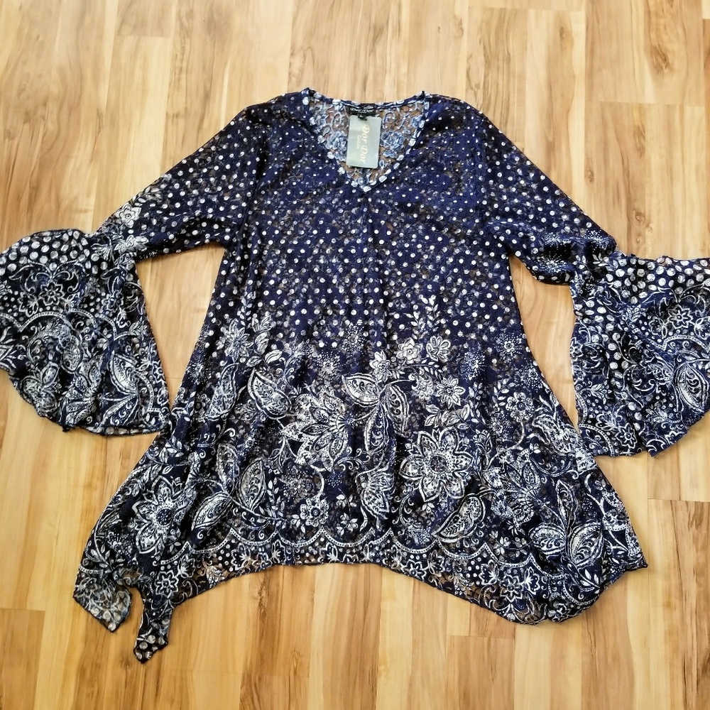 Sheer Navy & White Boho Blouse